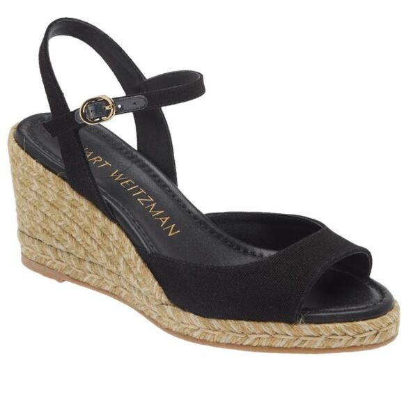 Stuart Weitzman Tia Espadrille Wedge Sandal in Black - Picture 1 of 17